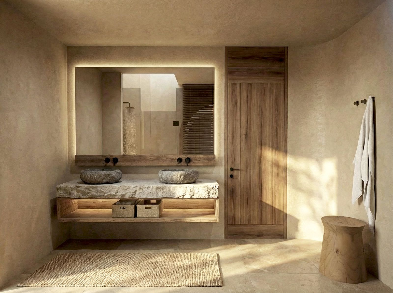 Bathroom with hammered stone walls