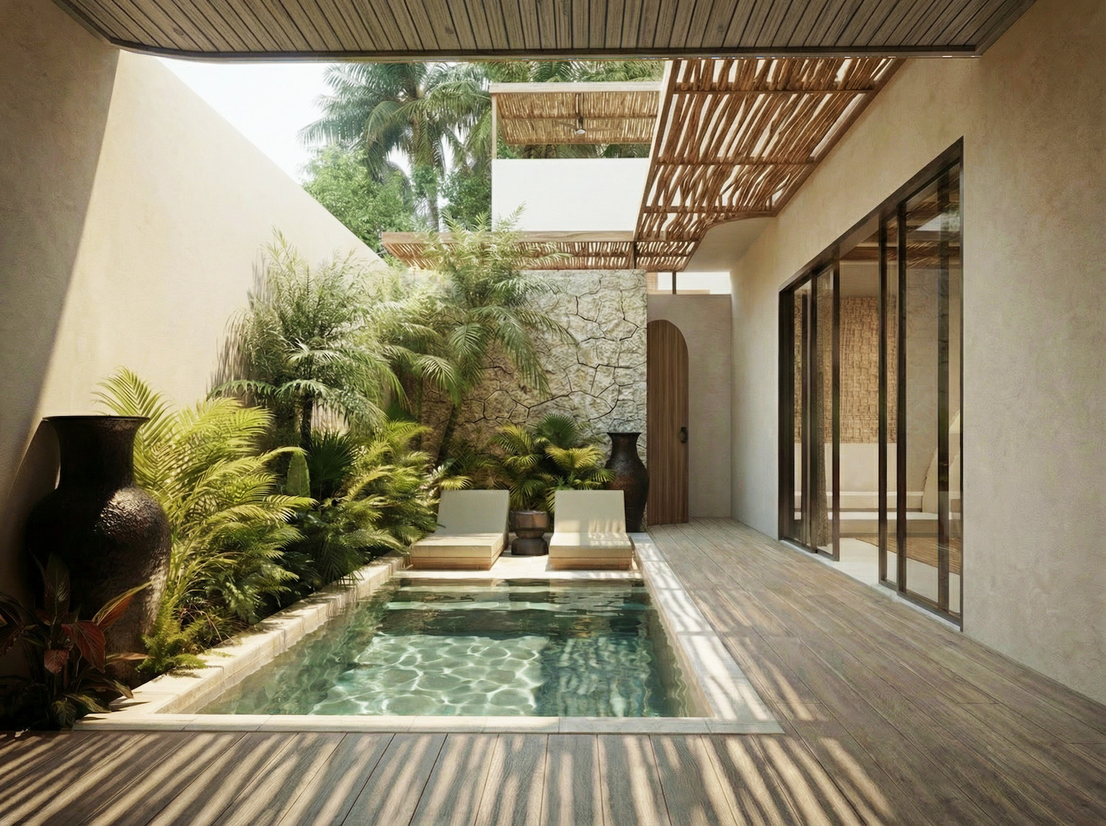 Garden pool in late afternoon light